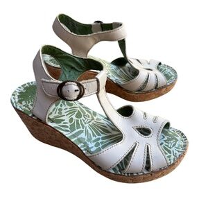 Fly London Cream and Green Wedge Sandals